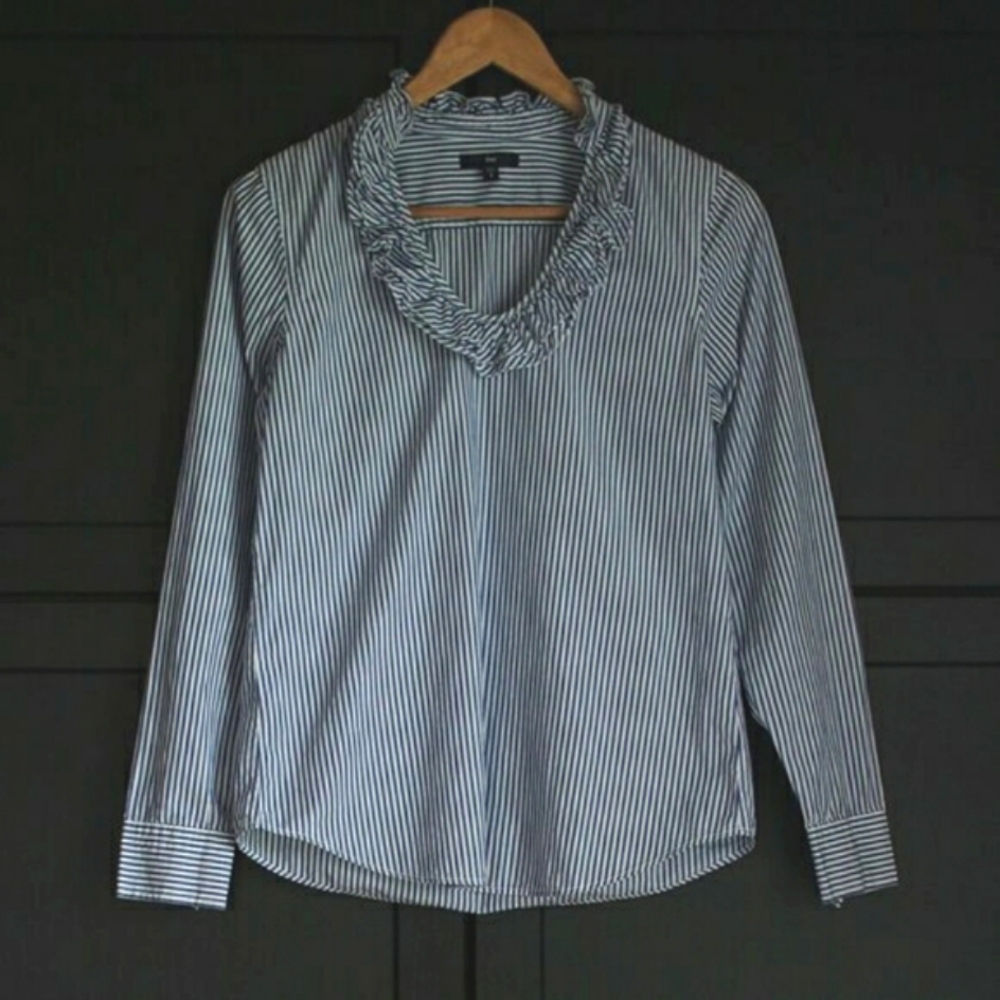 Gap | Blue & White Cotton Ruffle Neckline Blouse